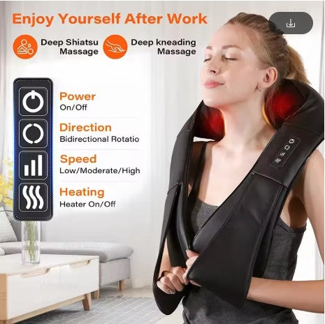 Person using a neck and shoulder massager with product features displayed on screen