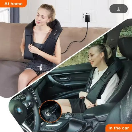 Woman using a black neck and shoulder massager at home and in a car.