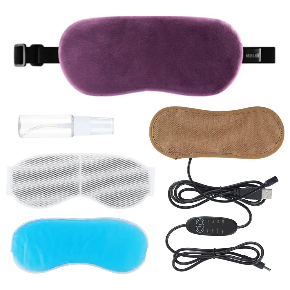 Collection of eye masks and heating pads on a white background