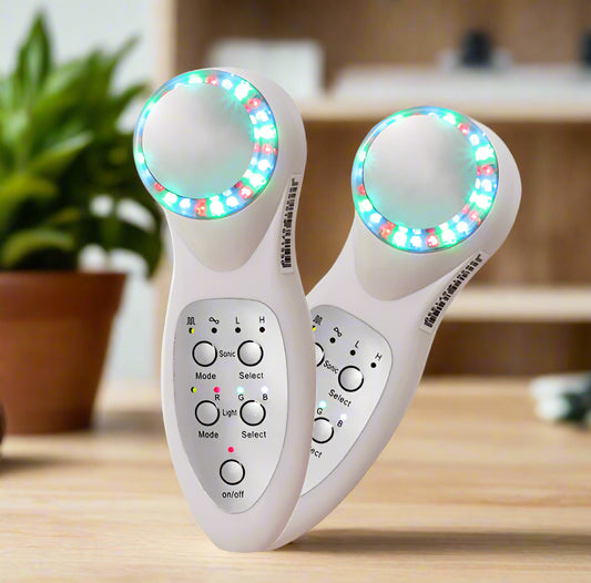 White electronic device with colorful LED lights on a white background