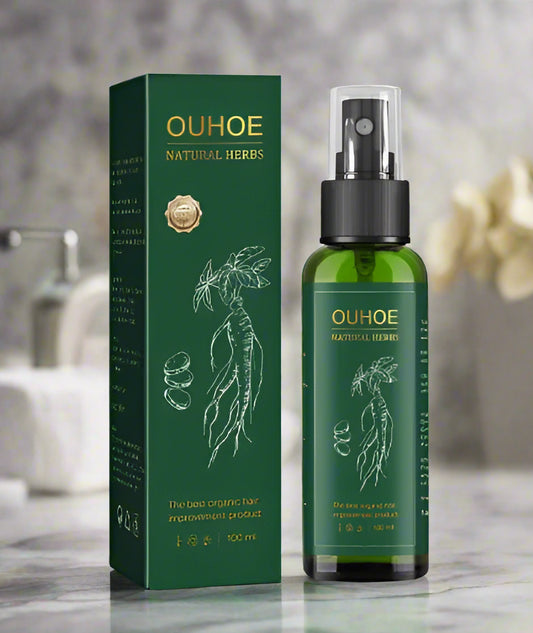 OUHOE natural herbs product packaging with spray bottle on a white background