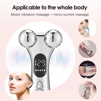 Massage device with digital display on a pink background, featuring text about its applicability to the whole body.
