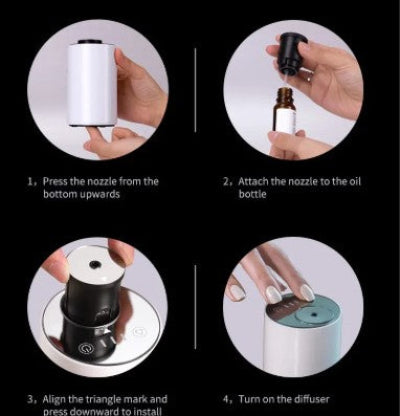 Step-by-step instructions for using a diffuser with images of hands performing actions.