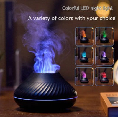 Colorful LED night light with smoke effect on a wooden surface, surrounded by images of different colored lights.