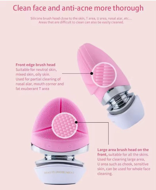Pink silicone cleaning brush with text on a pink background