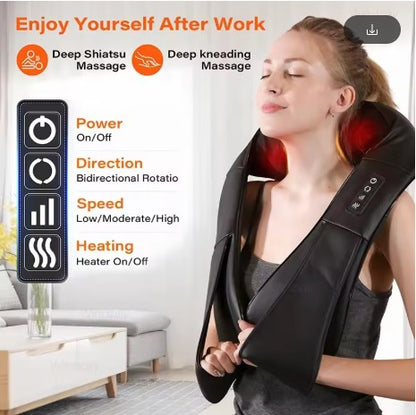 Person using a neck and shoulder massager with product features displayed on screen
