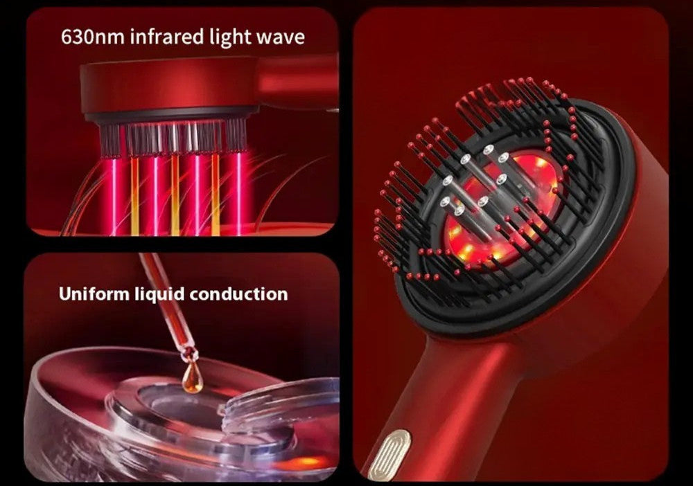 Red scalp care device with text about 630nm infrared light wave and uniform liquid conduction on a dark background.